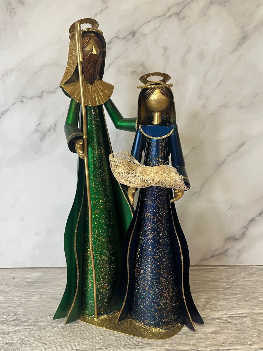 Pier 1 Metal Nativity Statue Joseph Mary Baby Jesus Family Glitter Stylized 15”